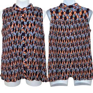 Wildfang The Empower Plisse Button Up Sleeveless Sz L NWT Retro Floral Cinnamon